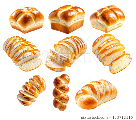 Assorted challah bread loaves and slices in style on white background, concept of traditional baking and fresh bakery 133712110