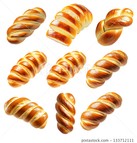 Set of baked braided Challah Jewish bread loaf with a golden crust, isolated on white transparent background 133712111