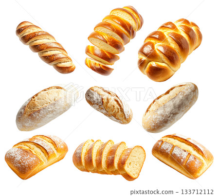 Various types of freshly baked bread loaves and slices shown on white background, rustic and braided styles for bakery concepts 133712112