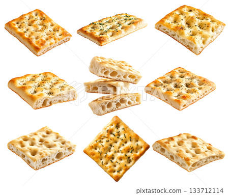 Set of focaccia bread isolated on a white transparent background, Italian bread, flavored with olive oil and herbs. Set of focaccia bread isolated on a white transparent background, Italian bread, flavored with olive oil and herbs. 133712114