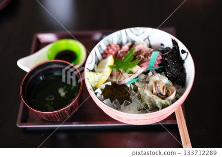 Product photography of a seafood bowl with fresh seafood 133712289