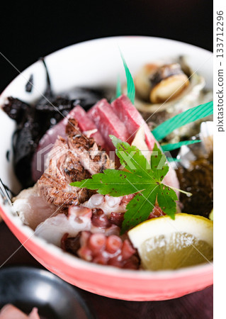 Product photography of a seafood bowl with fresh seafood 133712296