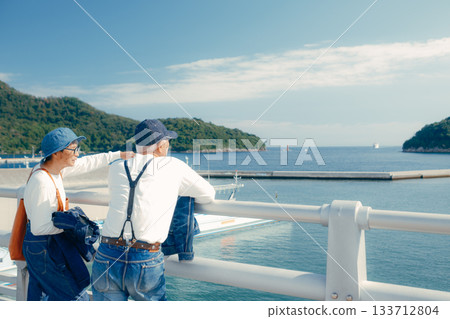 旅行場景：一對六十多歲的老年夫妻站在海邊 133712804