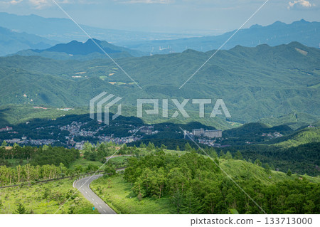 Kusatsu Town, National Route 292, Fujimi Parking Lot Observation Deck, Summer Mountain and Townscape View Kusatsu Town, National Route 292, Fujimi Parking Lot Observation Deck, Summer Mountain and Townscape View 133713000