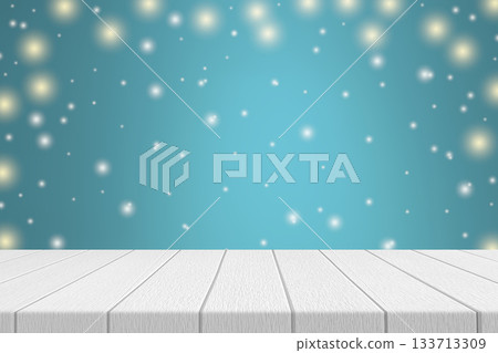 Abstract Blur Soft Focus Bokeh Bulbs Light In Blue Color Background With Star Glittering And White Wood Table 133713309