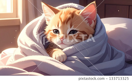 A heartwarming, anime-style kitten wrapped in a blanket A heartwarming, anime-style kitten wrapped in a blanket 133713325