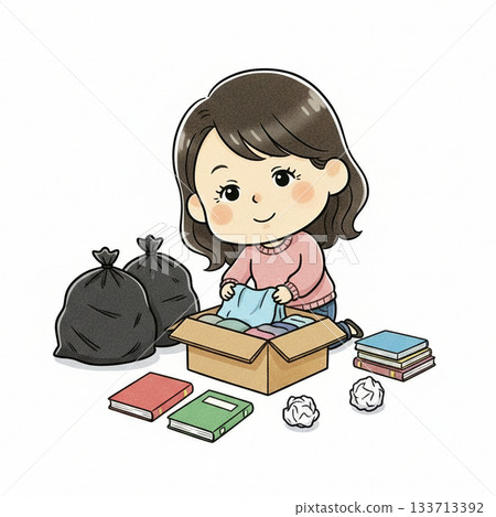 一幅描繪女性整理清理雜物的插圖 133713392