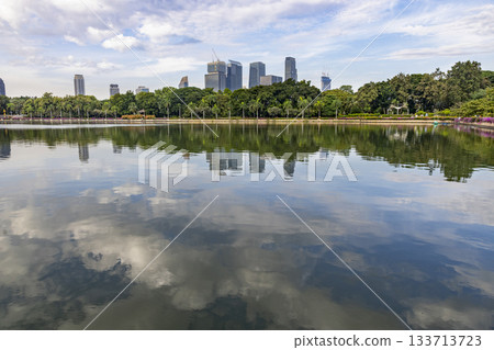 Benjakitti Park and skyscrapers in Bangkok, Thailand 133713723