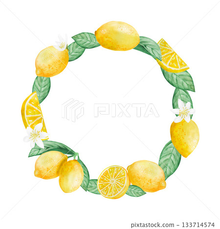 Watercolor lemons, leaves and flowers with branch isolated illustration set. Simple citrus fruits clip art for summer. Frame 133714574