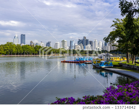 Benjakitti Park and skyscrapers in Bangkok, Thailand 133714842