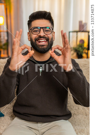Indian man on sofa smiles and shows OK gesture to camera at home with confident positive mood 133714875