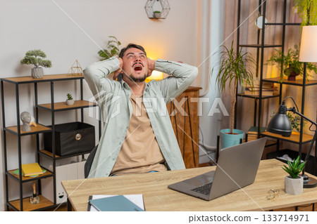 Frustrated freelancer using laptop struggling to work due to loud noise sitting at home office table 133714971