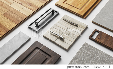 室內建築材料樣品（把手、木材、磁磚）的平鋪組合 133715001