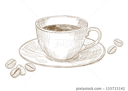 Retro hand-drawn pen drawing of coffee cup and coffee beans Retro hand-drawn pen drawing of coffee cup and coffee beans 133715142