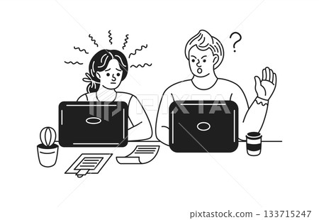 Confused Colleagues Working on Laptops Illustration Confused Colleagues Working on Laptops Illustration 133715247