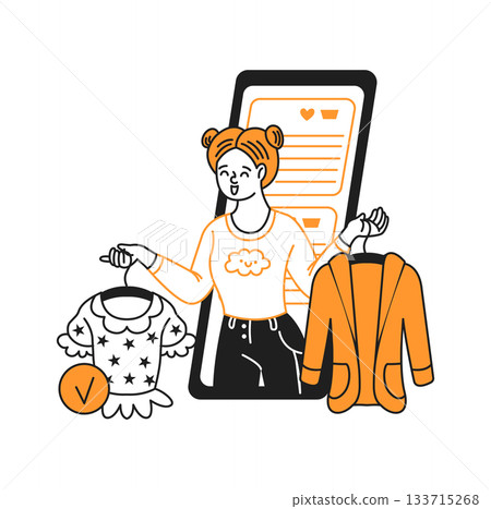 Woman Choosing Clothes in Online Store Illustration Woman Choosing Clothes in Online Store Illustration 133715268