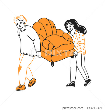 Two People Carrying a Large Orange Armchair Two People Carrying a Large Orange Armchair 133715371