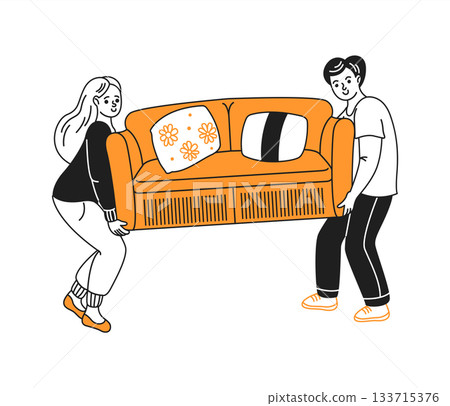 Couple Lifting Orange Couch Illustration Couple Lifting Orange Couch Illustration 133715376