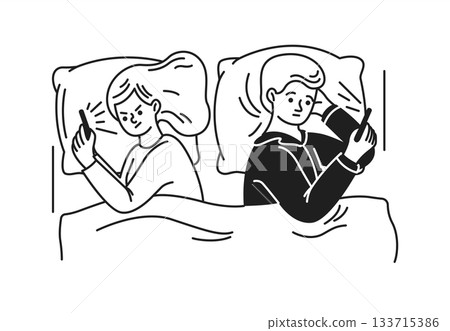 Couple Using Phones in Bed Lined Illustration 133715386