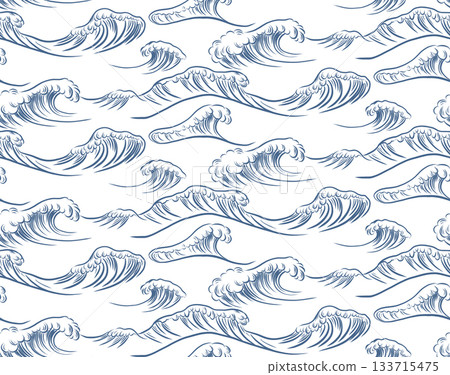 Vector seamless pattern with sea waves on a white background. Hand-drawn marine texture with Japanese-style waves. Vector seamless pattern with sea waves on a white background. Hand-drawn marine texture with Japanese-style waves. 133715475