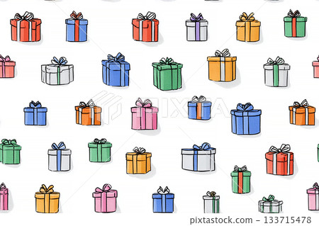 Celebration. Seamless pattern. Bright gift boxes. Hand drawn. Minimalist style. 133715478
