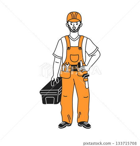 Cartoon Construction Worker with Toolbox in Overalls 133715708