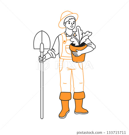 Gardener Holding Plant in Pot Illustration Gardener Holding Plant in Pot Illustration 133715711