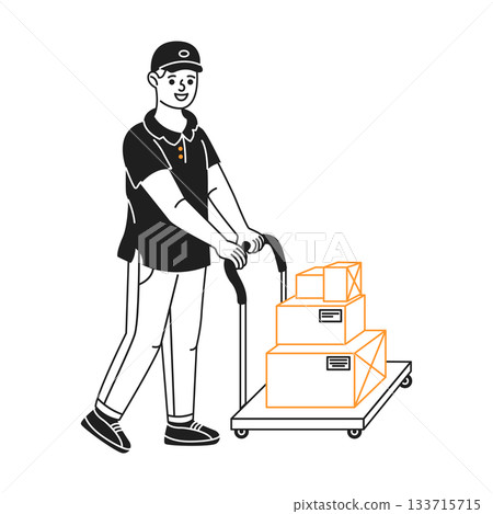 Delivery Person with Trolley and Boxes Illustration 133715715
