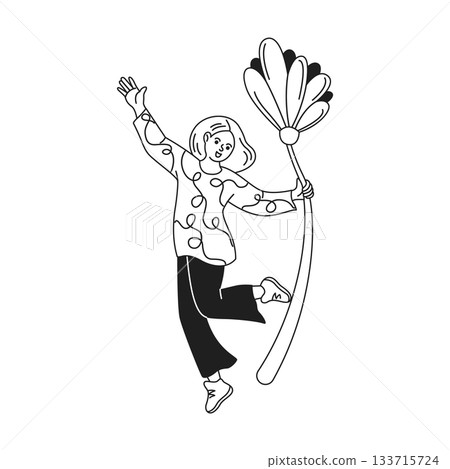 Joyful Character Holding a Huge Flower Joyful Character Holding a Huge Flower 133715724