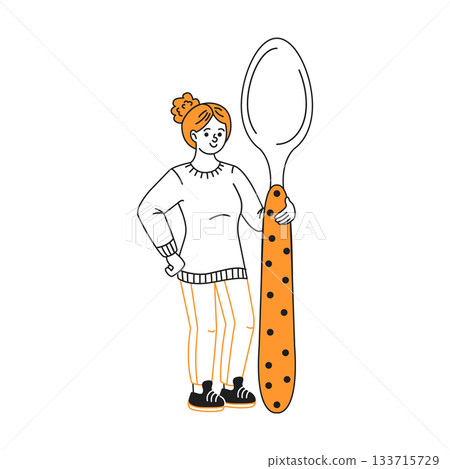 Cartoon Woman Holding a Giant Polka Dot Spoon 133715729