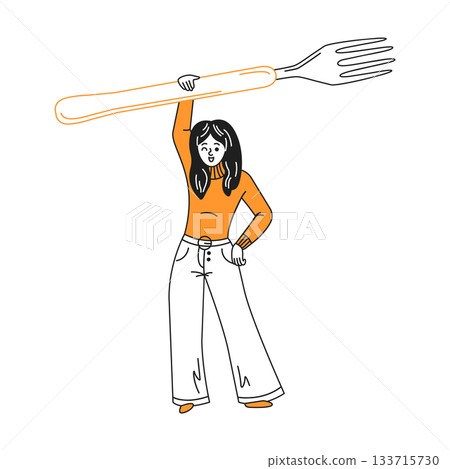 Cartoon Woman Holding Giant Fork for Humor 133715730