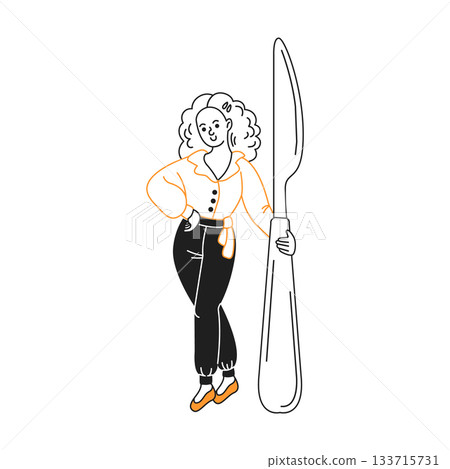 Stylized Woman Leaning on Large Knife Illustration 133715731