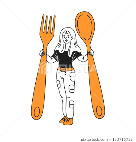 Girl Holding Oversized Fork and Spoon Cartoon 133715732