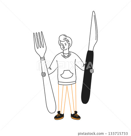 Illustration of Boy Holding Giant Fork and Knife 133715733