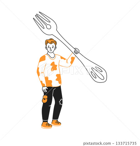 Whimsical Cartoon Boy Holding Oversized Fork 133715735
