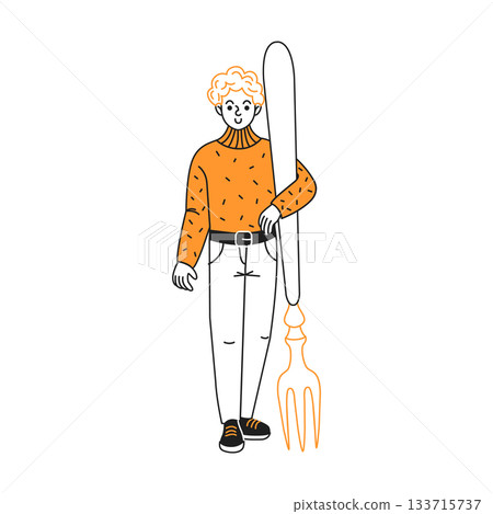 Man Holding Giant Fork Cartoon Style 133715737