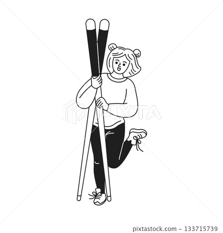 Cartoon style person holding skis in playful pose 133715739