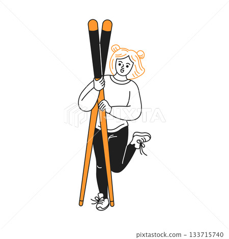 Cartoon Character Holding Pair of Skis 133715740