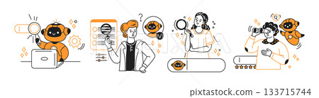Illustration of People and Robot Engaged in Searching 133715744