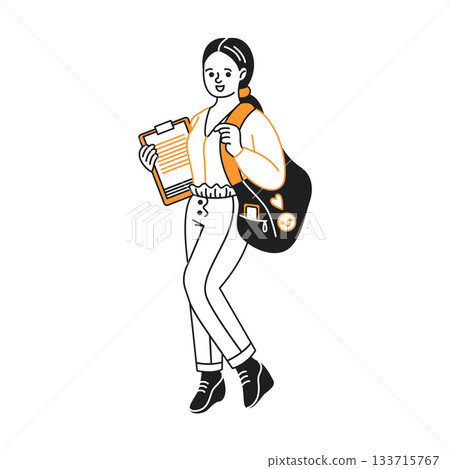 Young Woman with Backpack and Clipboard Illustration 133715767