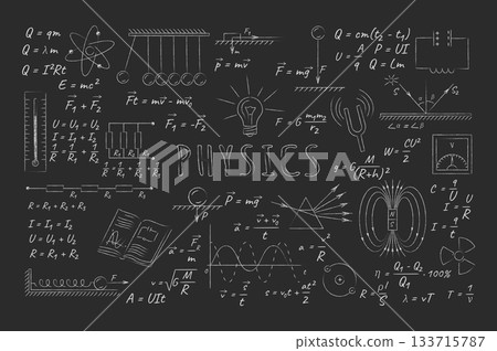 Chalkboard Physics Formulas and Diagrams Illustration 133715787