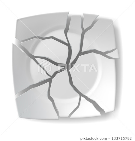Cracked white ceramic plate isolated on white background 133715792