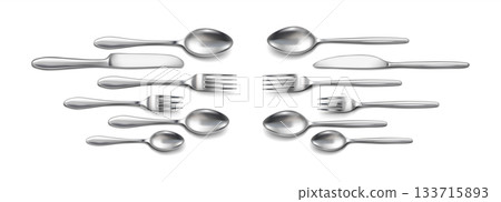 Shiny Silver Cutlery Set on White Background Shiny Silver Cutlery Set on White Background 133715893