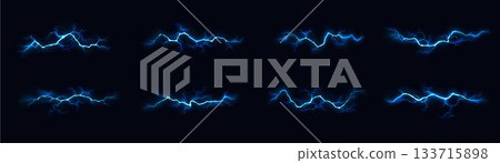 Set of Blue Electric Lightning Strikes on Dark Background Set of Blue Electric Lightning Strikes on Dark Background 133715898