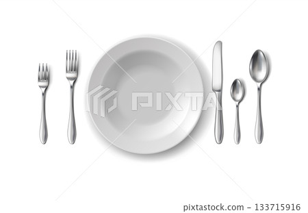 Realistic Tableware with Plate and Cutlery 133715916