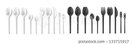 Various plastic cutlery arranged on white background Various plastic cutlery arranged on white background 133715917