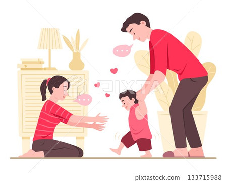 Father and Mother Train Child to Walk in Living Room for Family, Parents and Love Concept Illustration Father and Mother Train Child to Walk in Living Room for Family, Parents and Love Concept Illustration 133715988