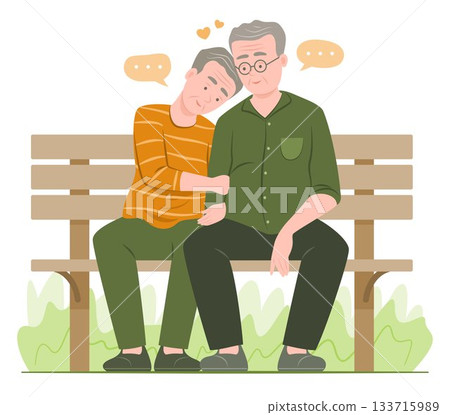Senior Gay Men Couple Falling in Love while Sitting on Bench in Garden for LGBT Relationship Concept Illustration 133715989
