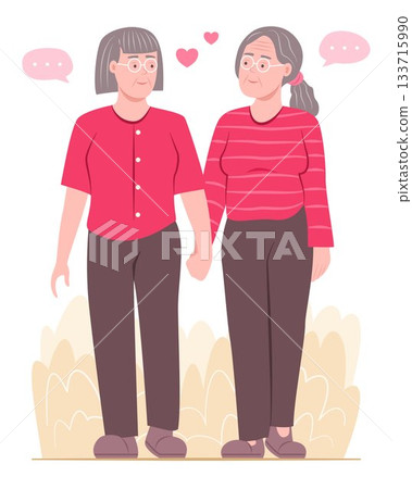 Senior Lesbian Women Couple Falling in Love while Walking Hand in Hand in Garden for LGBT Relationship Concept Illustration Senior Lesbian Women Couple Falling in Love while Walking Hand in Hand in Garden for LGBT Relationship Concept Illustration 133715990