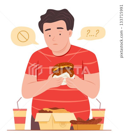 Chubby Man Hesitate to Eating the Fast Food for Unhealthy Food Eating Lifestyle Concept Illustration Chubby Man Hesitate to Eating the Fast Food for Unhealthy Food Eating Lifestyle Concept Illustration 133715991